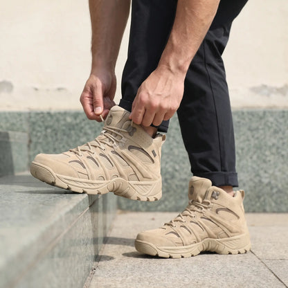 Man wearing the Toe Bumper Boots, pulling the laces tight with one boot on a step