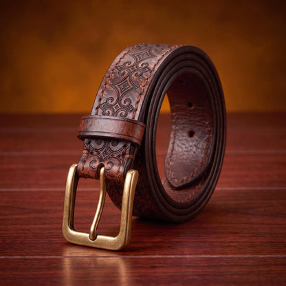 Tooled Pattern Belt in coffee brown cowhide with carved scroll pattern and antique brass buckle