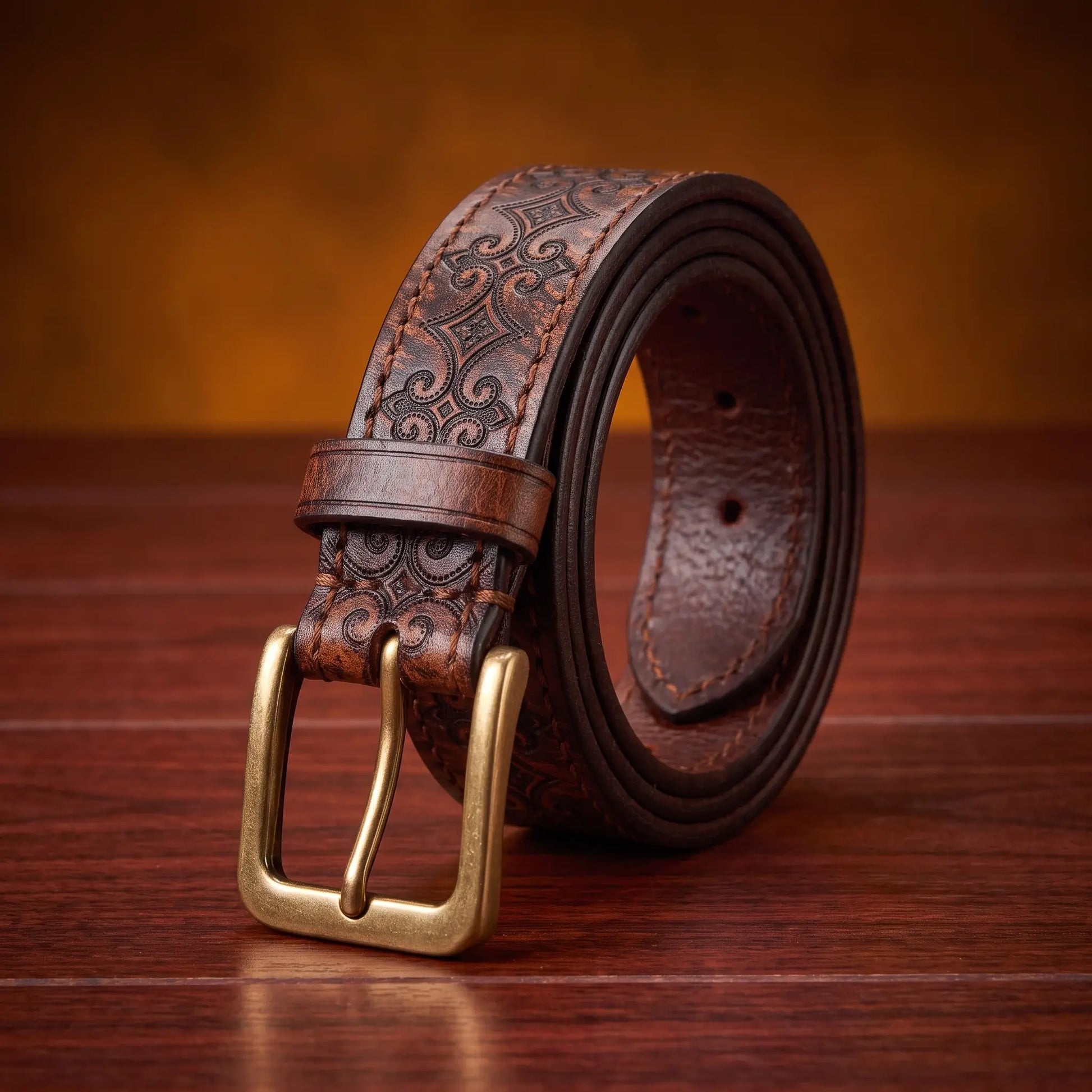Tooled Pattern Belt in khaki tan cowhide with carved scroll pattern and antique brass buckle