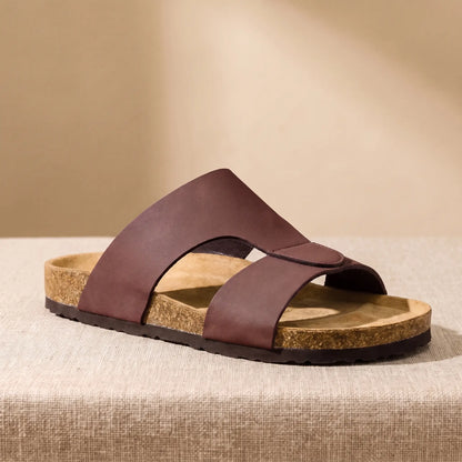 Two Strap Slides in burgundy, a cork footbed slide with two wide bands across the front, on a linen platform