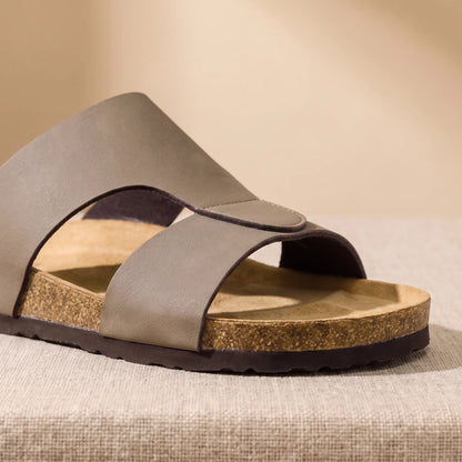 Close up of the two front bands, edge stitching and moulded toe ridge on the taupe Two Strap Slides