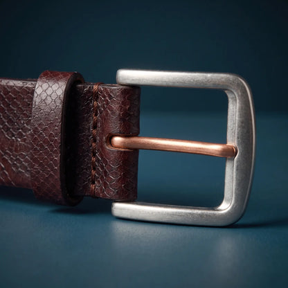 Close up of the brushed silver buckle frame and copper prong on the Two Tone Buckle Belt