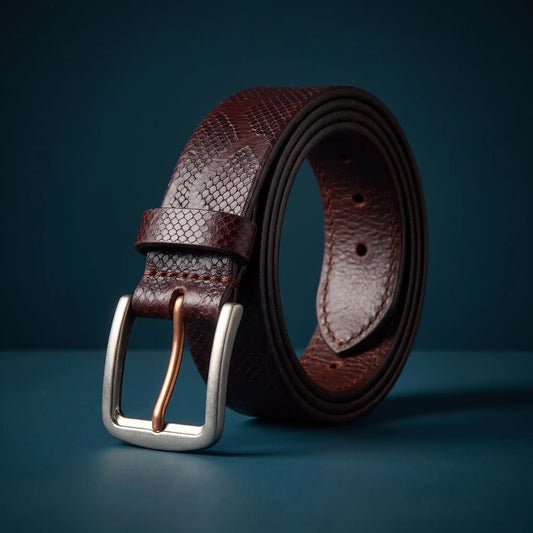 Two Tone Buckle Belt in coffee brown cowhide with pressed scale texture, silver buckle and copper prong