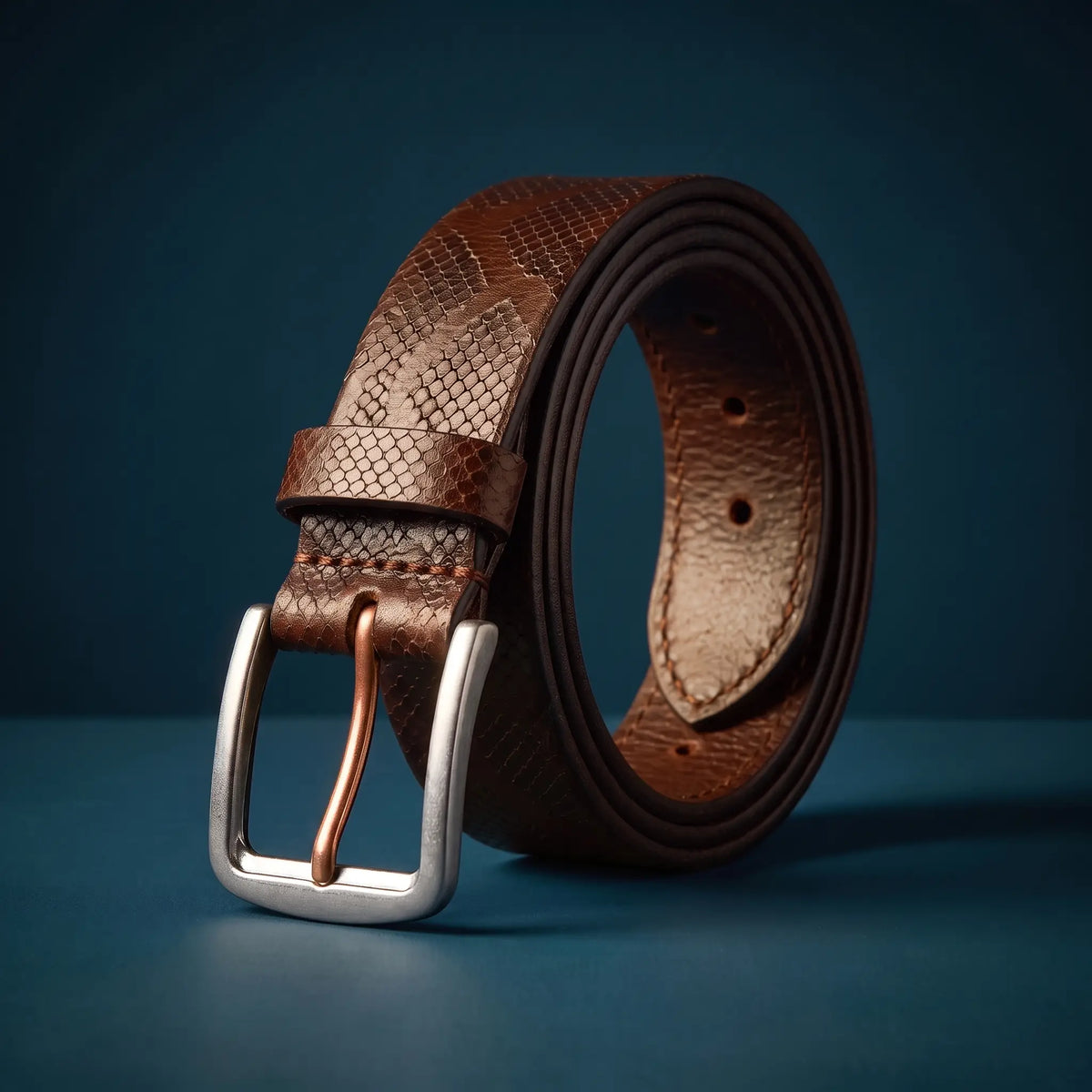 Two Tone Buckle Belt in earth brown cowhide with pressed scale texture, silver buckle and copper prong