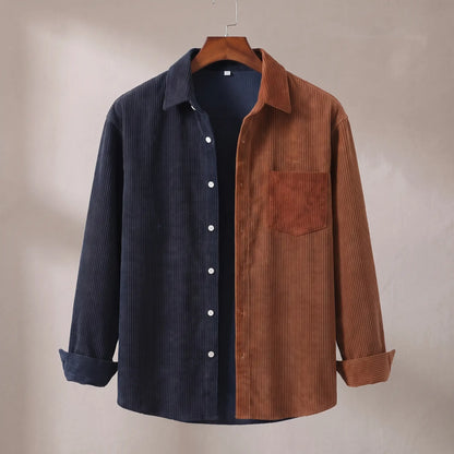 Two Tone Overshirt in blue and brown, a two tone colour blocked corduroy overshirt with a patch chest pocket on a wooden hanger