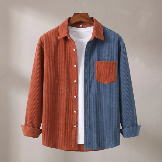 Two Tone Overshirt in rust and blue, a two tone colour blocked corduroy overshirt with a patch chest pocket on a wooden hanger
