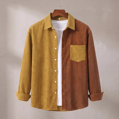 Two Tone Overshirt in yellow and brown, a two tone colour blocked corduroy overshirt with a patch chest pocket on a wooden hanger
