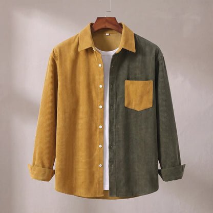 Two Tone Overshirt in yellow and green, a two tone colour blocked corduroy overshirt with a patch chest pocket on a wooden hanger