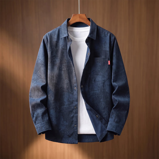 Vintage corduroy shirt in blue on a wooden hanger