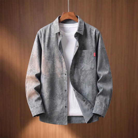 Vintage corduroy shirt in gray on a wooden hanger