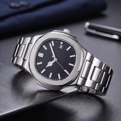 Octagonal steel watch with black waffle dial
