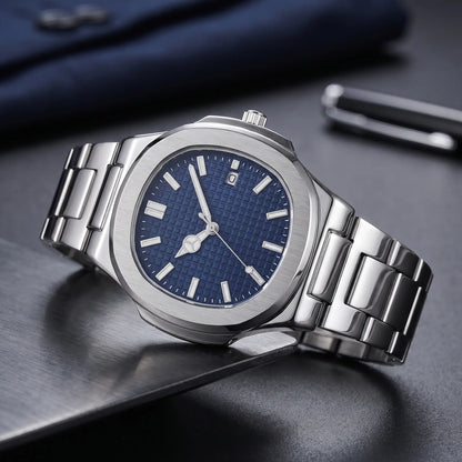 Octagonal steel watch with navy waffle dial on a brushed steel plate