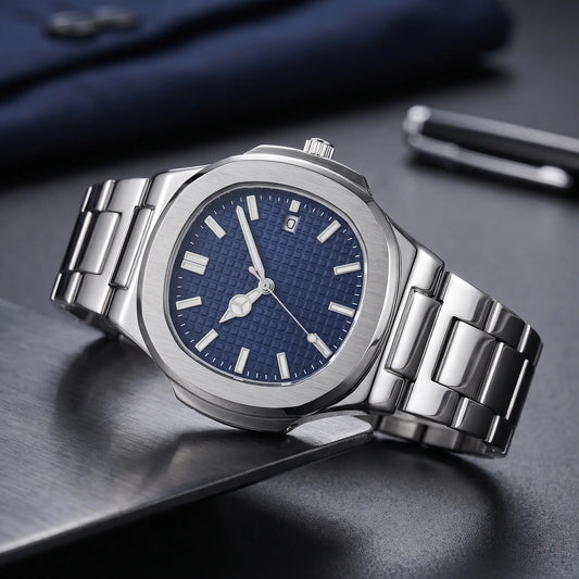 Octagonal steel watch with navy waffle dial on a brushed steel plate