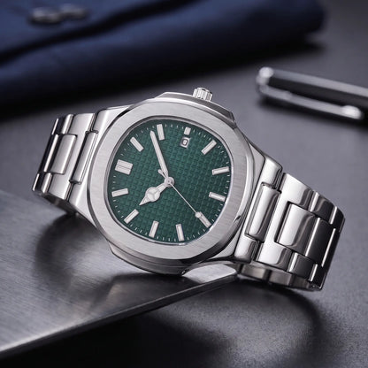 Octagonal steel watch with green waffle dial