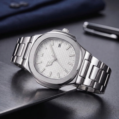 Octagonal steel watch with silver white waffle dial