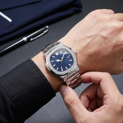 Fastening the steel bracelet clasp on the wrist