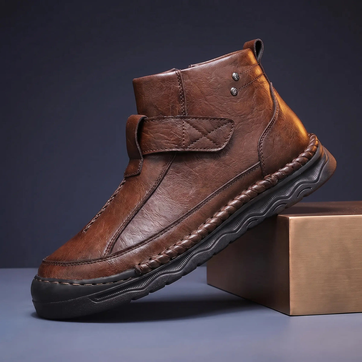 Wave Sole Shoes for men in brown, hand stitched leather shoe with thick wave sole