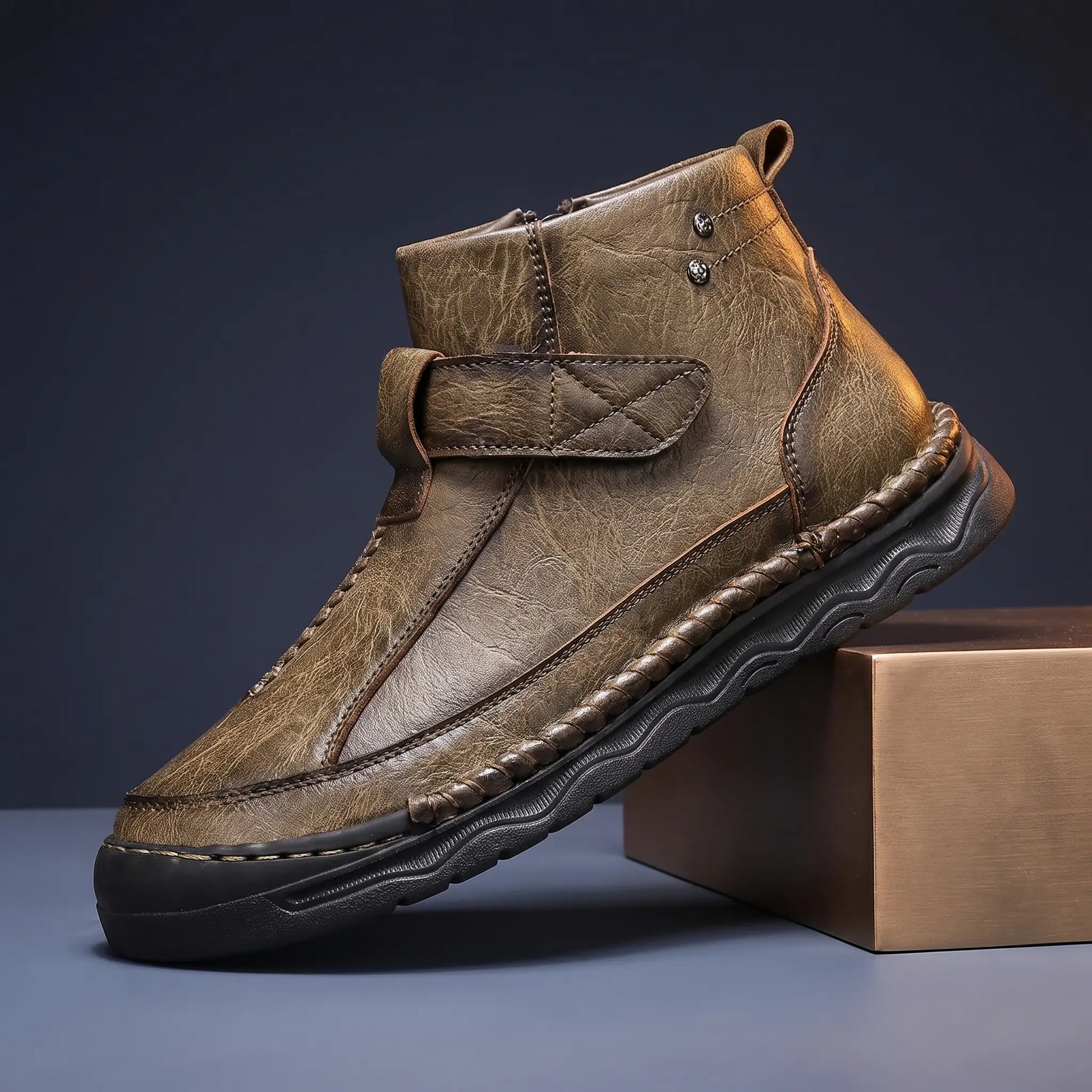Wave Sole Shoes for men in camel, laceless leather shoe with wide instep strap