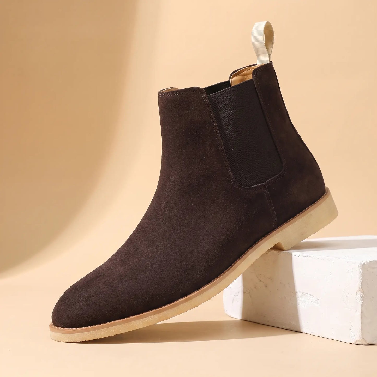 Webbing Tab Boots in brown, a leather Chelsea boot with a cream heel pull loop