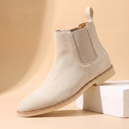 Webbing Tab Boots in cream, a leather Chelsea boot with a cream heel pull loop