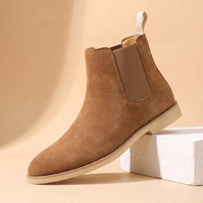 Webbing Tab Boots in tan, a leather Chelsea boot with a cream heel pull loop