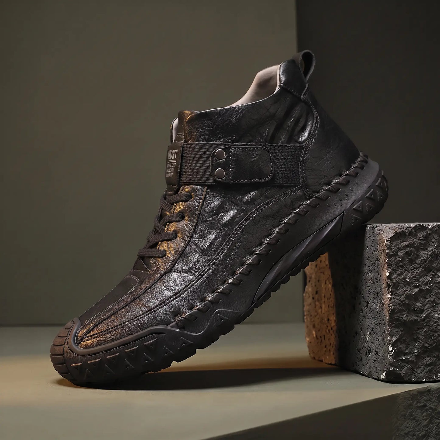 Black high top boot with croc embossed panel on a basalt block