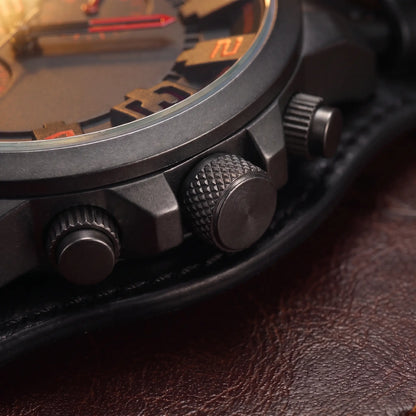 Close up of the ridged crown, guard and side buttons on the Wide Cuff Watch