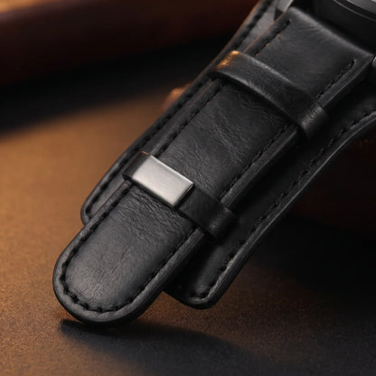 Close up of the wide stitched leather cuff and steel keeper loop on the Wide Cuff Watch