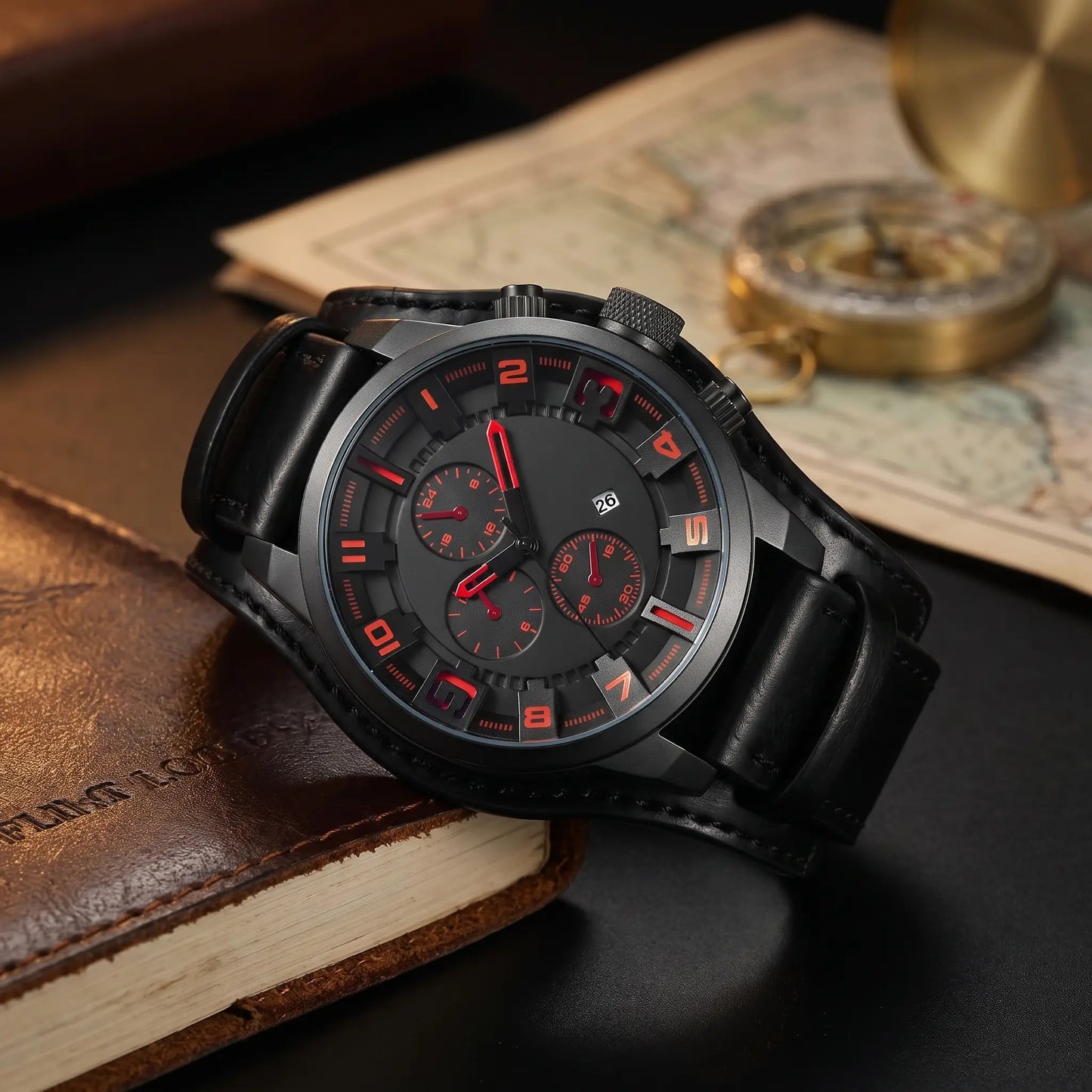 Wide Cuff Watch with black dial, red raised numbers and a wide black leather cuff strap