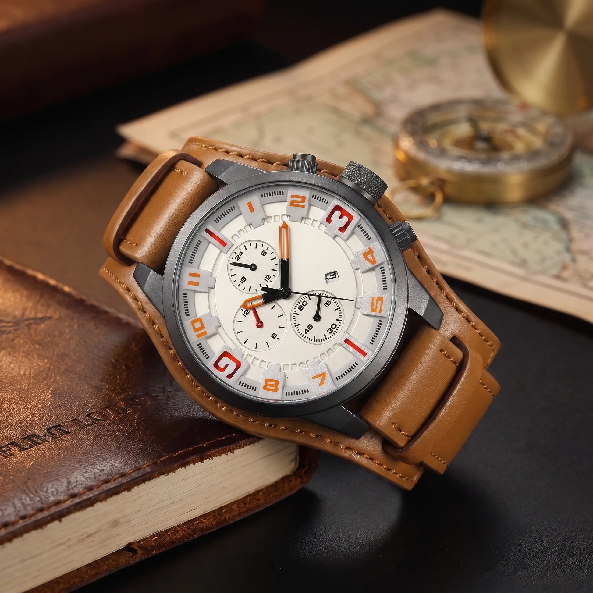 Wide Cuff Watch with cream dial, orange raised numbers and a wide tan leather cuff strap