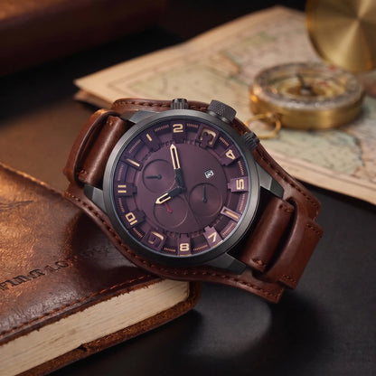 Wide Cuff Watch with deep brown dial and a wide brown leather cuff strap