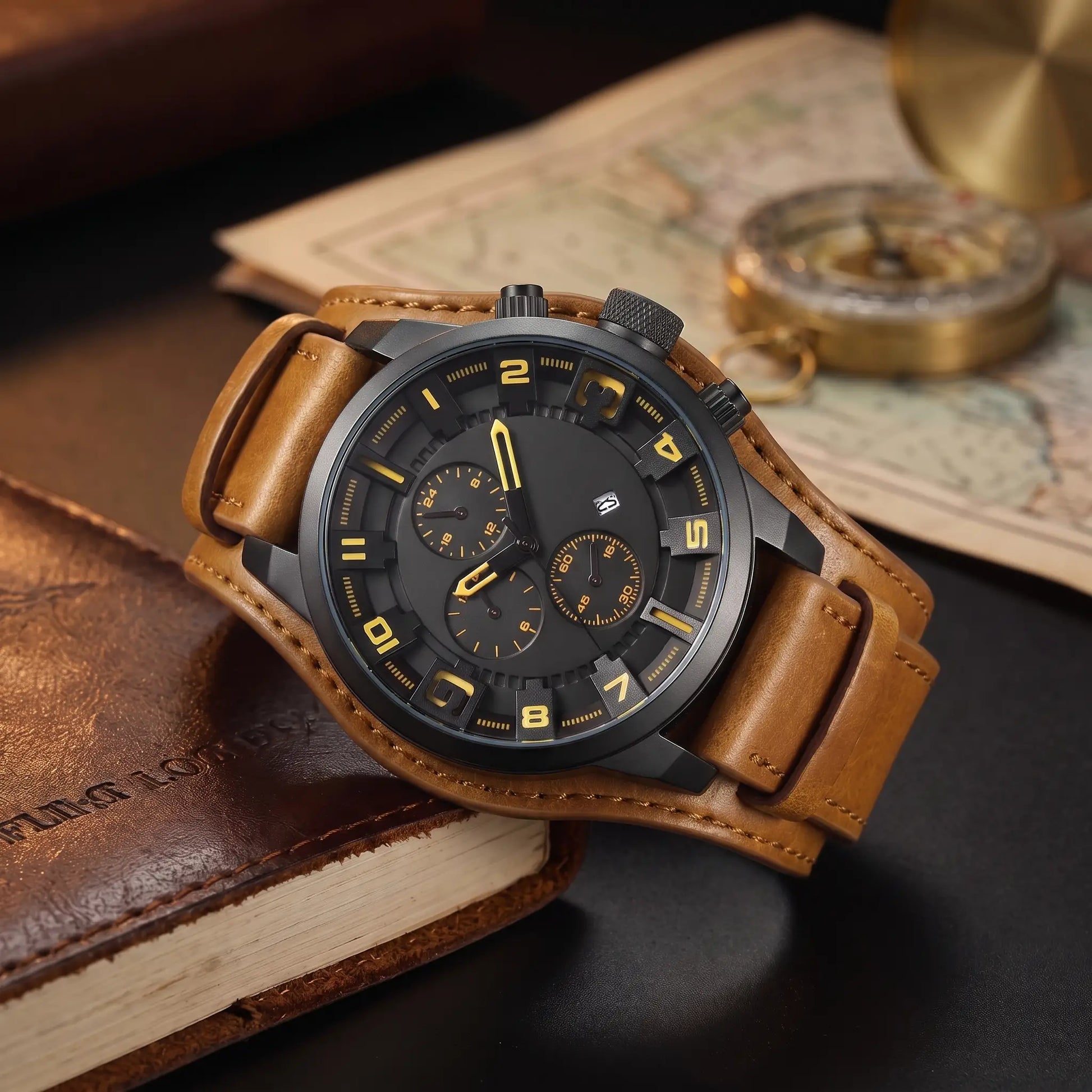 Wide Cuff Watch with black dial, yellow raised numbers and a wide tan leather cuff strap