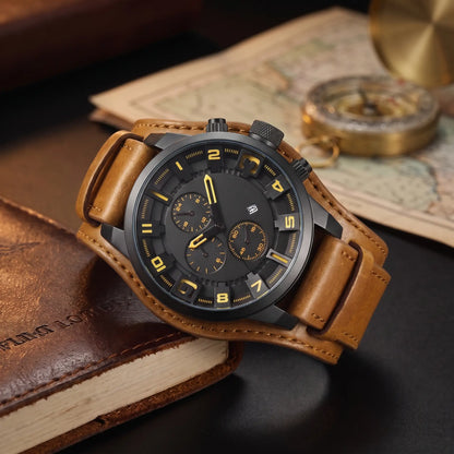 Wide Cuff Watch with black dial, yellow raised numbers and a wide tan leather cuff strap